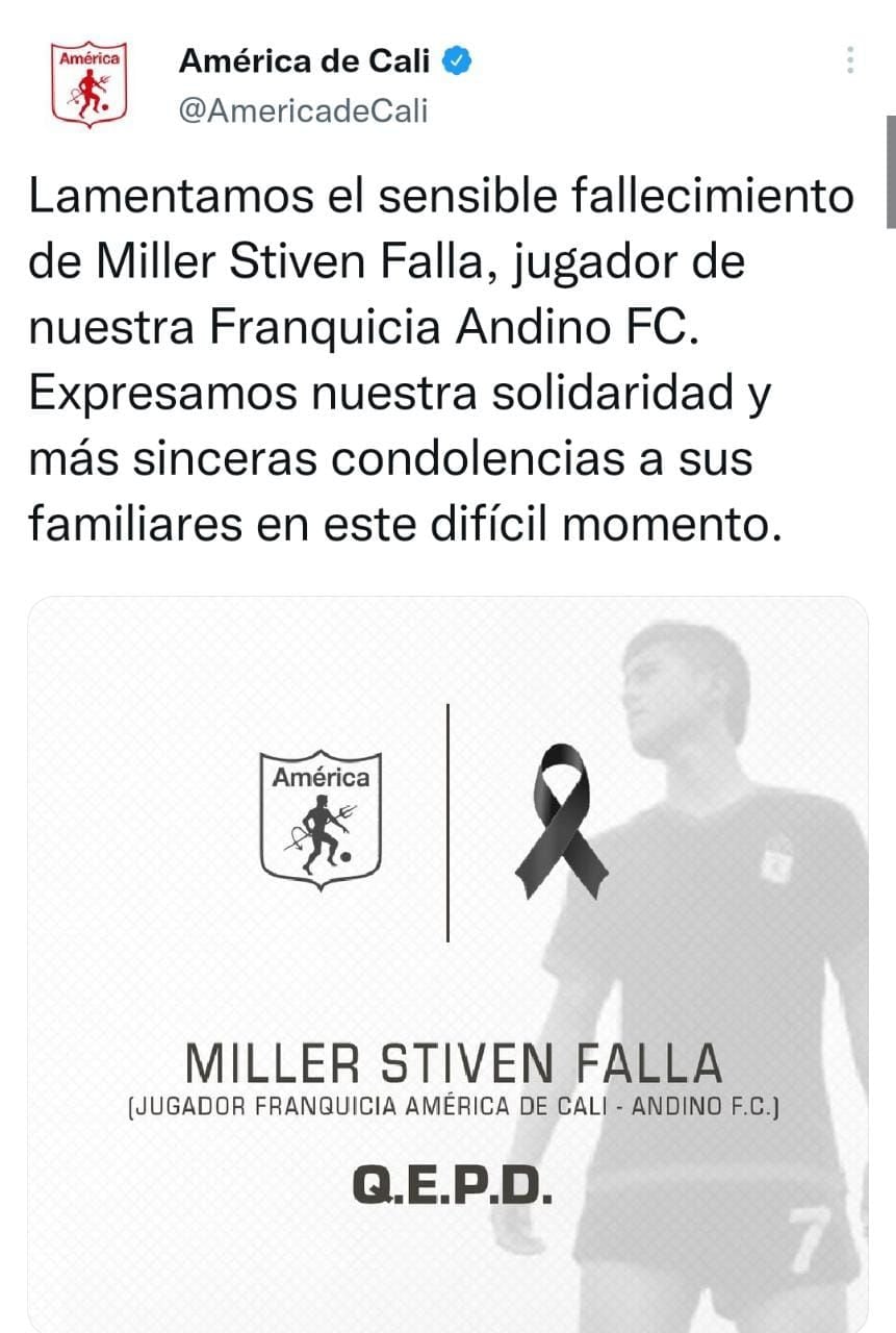 América de Cali lamenta la muerte de Miller Stiven Falla