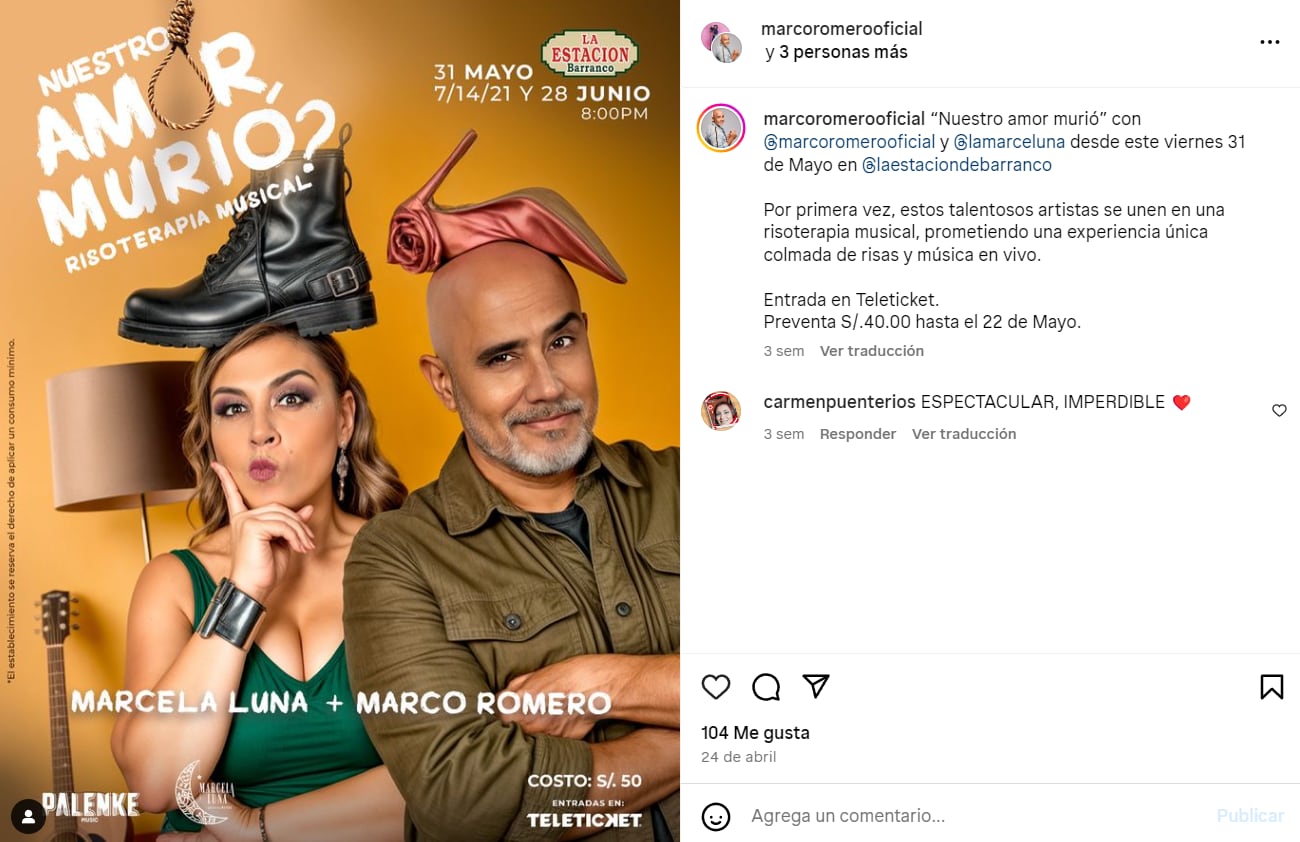 Marco Romero y Marcela Luna debutan juntos en la risoterapia musical “Nuestro Amor… ¿Murió?”