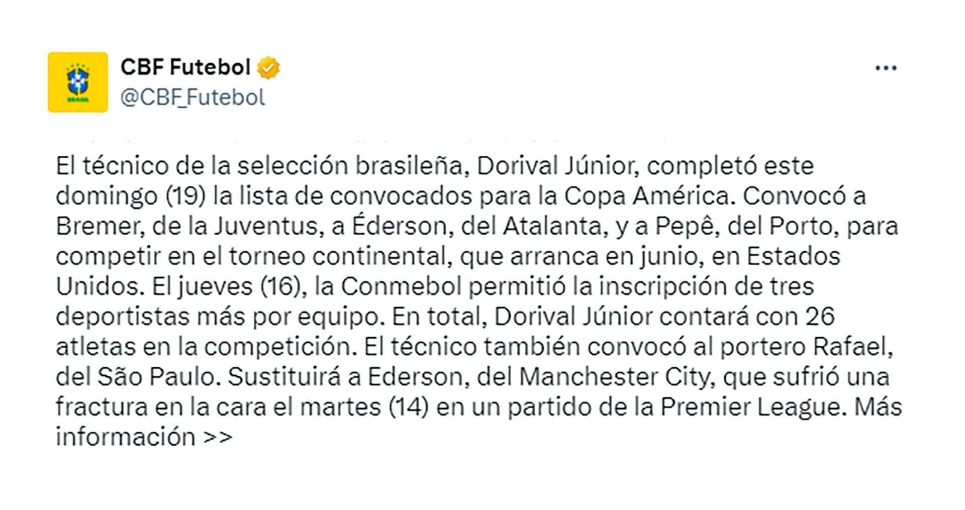 Brasil bajó a Ederson de la lista de la Copa América