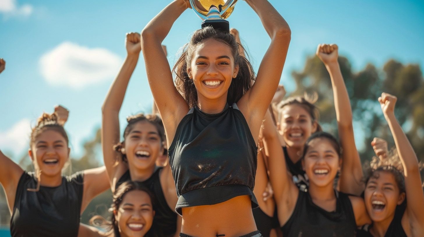 Mujeres atletas posan con trofeo de campeonato, sonrisas y gesto de victoria - (Imagen Ilustrativa Infobae)