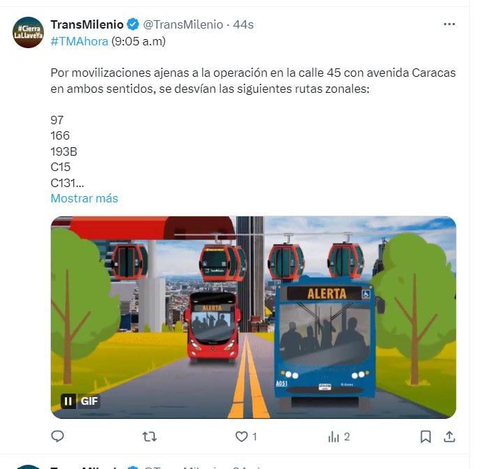 Varias rutas del Sitp se vieron afectadas y tuvieron que desviar en Teusaquillo - crédito @TransMilenio