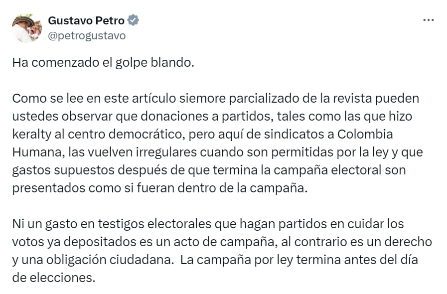 El presidente respondió a la ponencia de imputación radicada en el CNE - crédito red social X