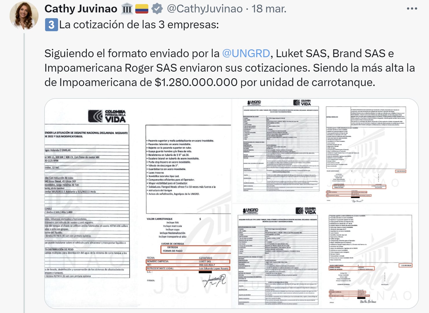 La representante Juvinao había expuesto irregularidades en la selección de cotizantes en la compra de carrotanques en la Ungrd