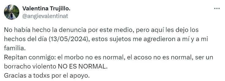 También se disculpó por las groserías que dijo en el video, pero sostuvo que fue su único método de defensa - crédito @angievalentinat / X