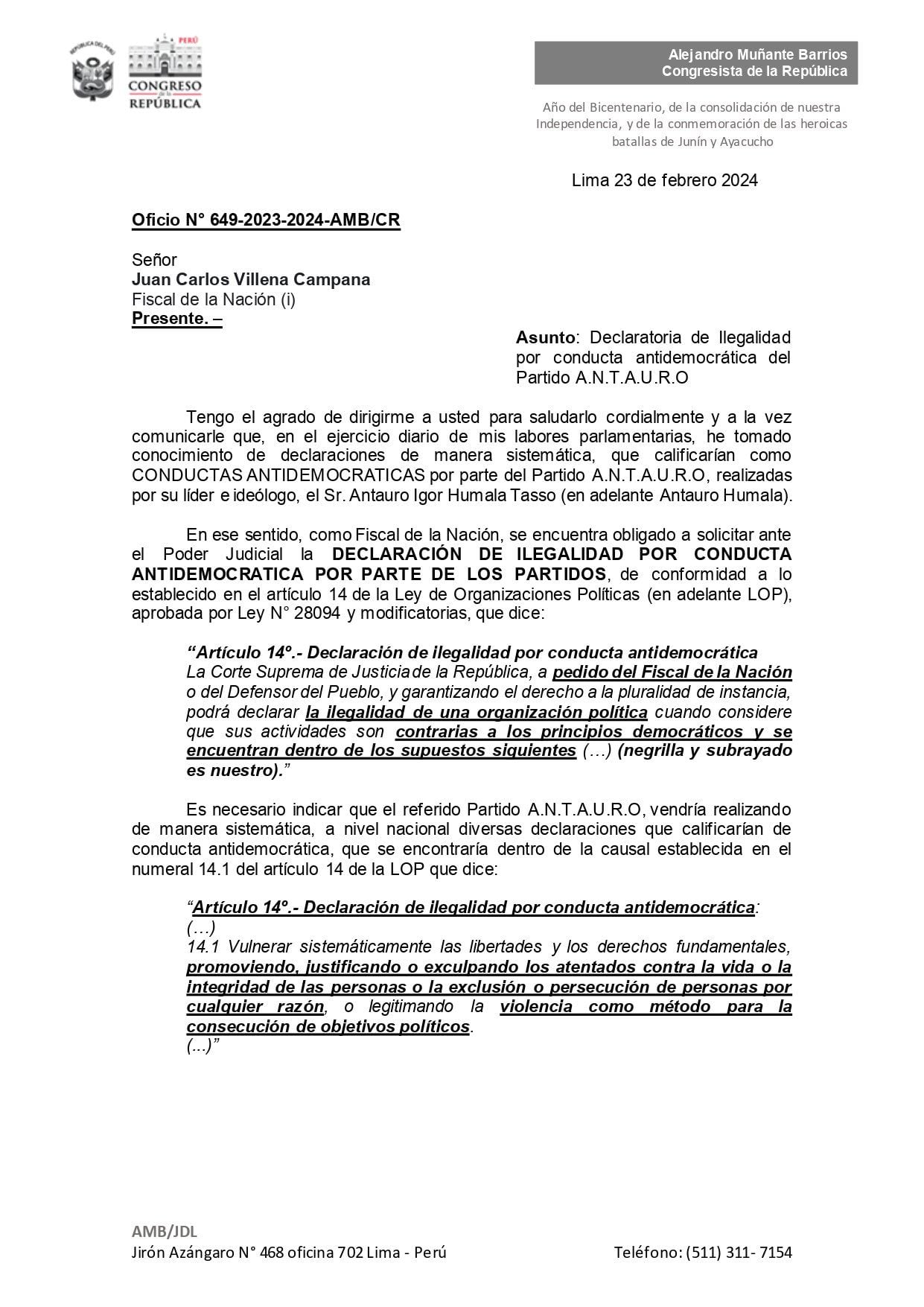 Oficio de Alejandro Muñante al fiscal de la Nación, Juan Carlos Villena