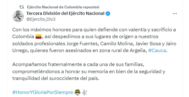 Ejército Nacional despide a cuatro soldados muertos en combate - crédito @Ejercito_Div3