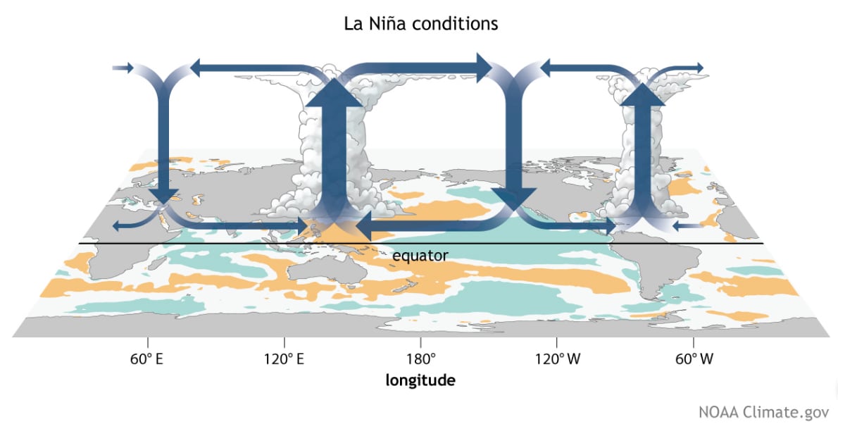 Fenómeno de La Niña. Gráfico explicativo elaborado por la National Oceanic and Atmospheric Administration (NOAA)