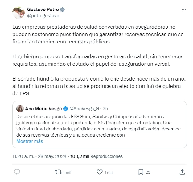 Petro dijo que la quiebra de las EPS se debe a que el Senado no aprobó la reforma a la salud - crédito @petrogustavo/X