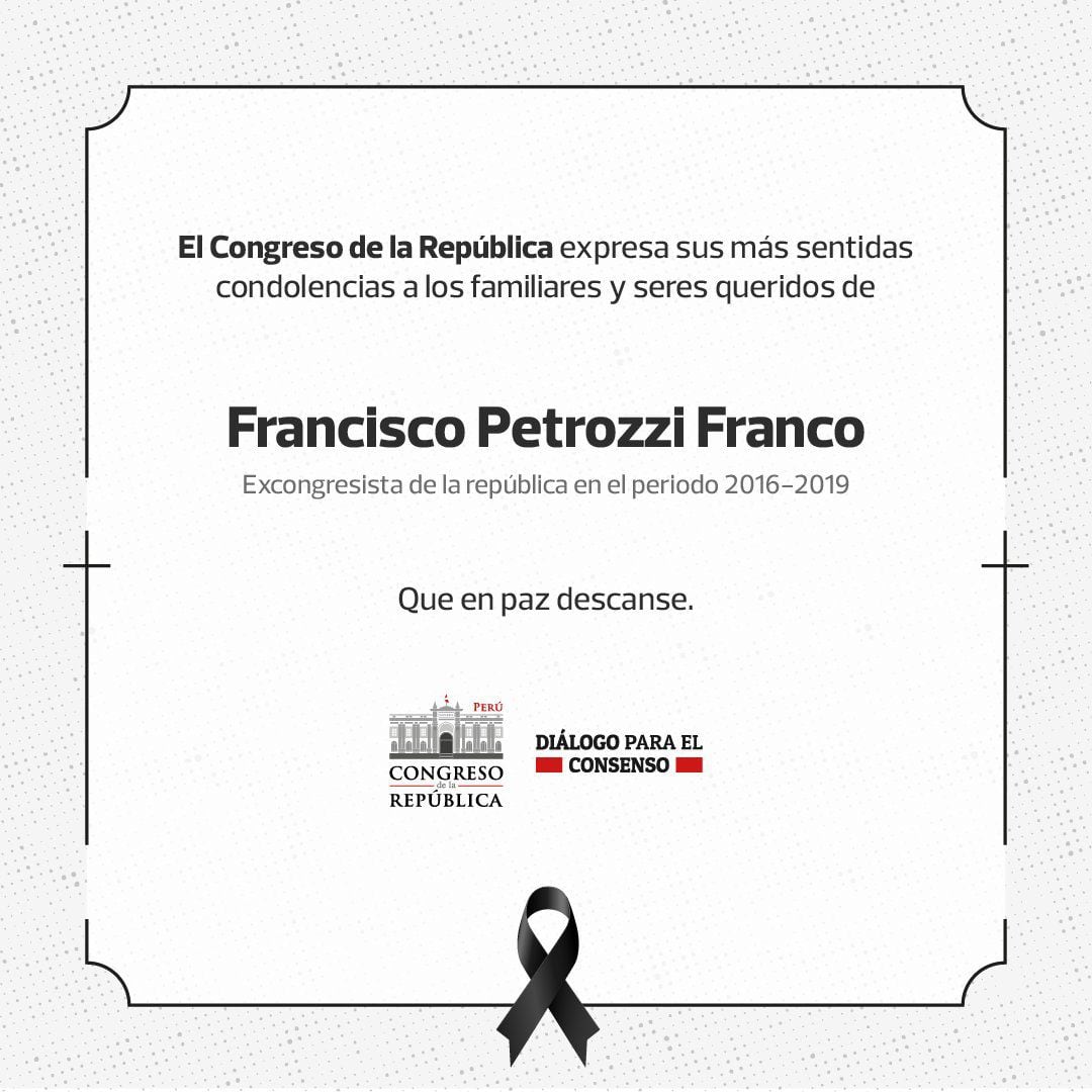 Congreso ennvía comunicado a familiares de Francesco Petrozzi tras anuncio de su fallecimiento. Congreso.