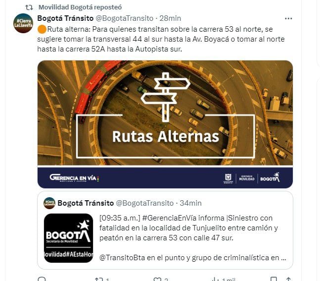 Estas son las rutas alternas que se pueden tomar en Tunjuelito tras el siniestro que se presentó la mañana del sábado 4 de mayo - crédito @BogotaTransito/X