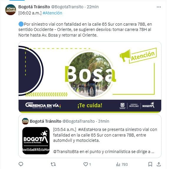 Movilidad y Tránsito Bogotá reportaron vías alternas debido a la congestión que se reporta a esta hora - crédito @BogotaTransito/X