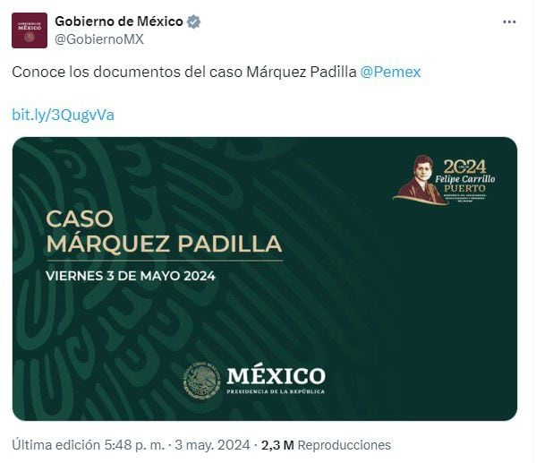 Captura de pantalla de la publicación del gobierno de AMLO subiendo información sobre la muerte del esposo de María Ampáro Casar