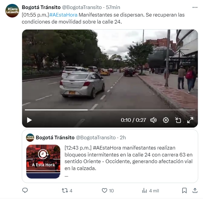 La Secretaria de Movilidad anunció que se ha recuperado la movilidad en la Calle 24 - crédito X/@BogotáTransito