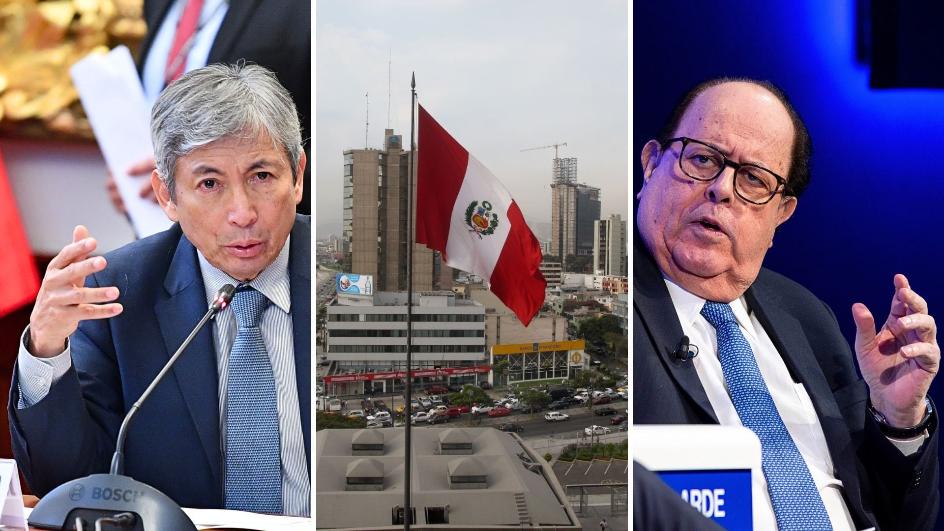 José Arista del MEF, bandera del Perú encima de un edificio, y Julio Velarde del BCR