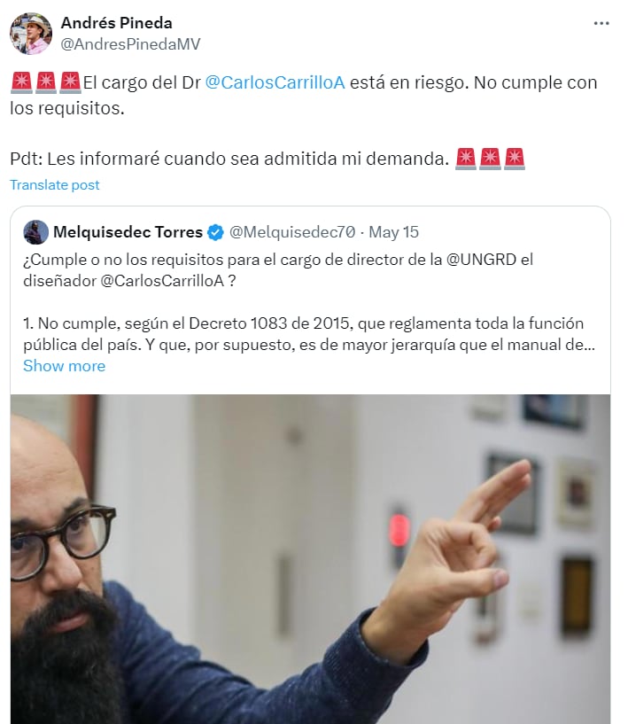 Andrés Pineda denunció ante el CNE el posible incumplimiento de requisitos del cargo de Carlos Carrillo - crédito @AndresPinedaMV/X