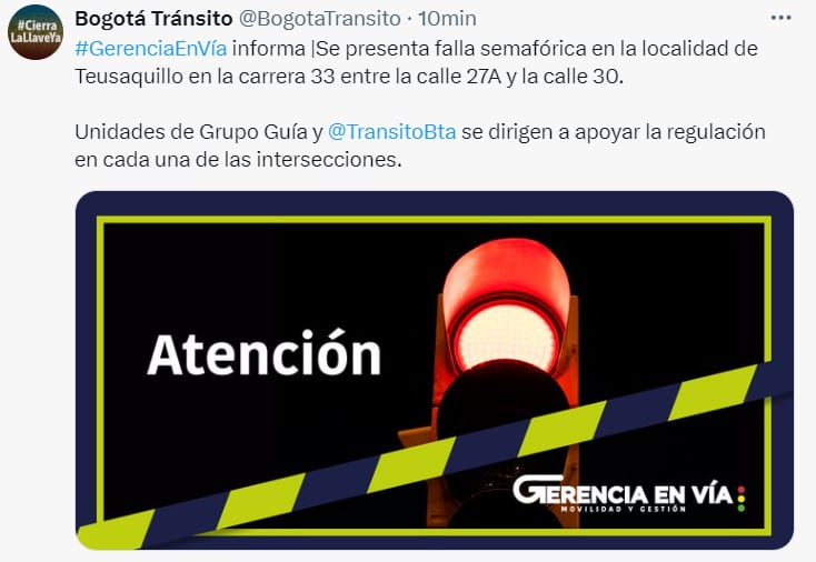 Se presenta falla semafórica en la localidad de Teusaquillo en la carrera 33 entre la calle 27A y la calle 30 - crédito @BogotaTransito / X