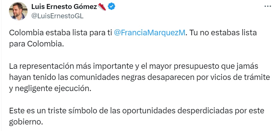 La mano derecha de Claudia López se despachó contra Francia Márquez - crédito red social X