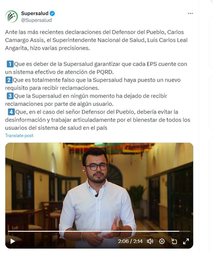 Superintendente Carlos Leal hace aclaraciones después de las palabras del Defensor del Pueblo Carlos Camargo - crédito @Supersalud