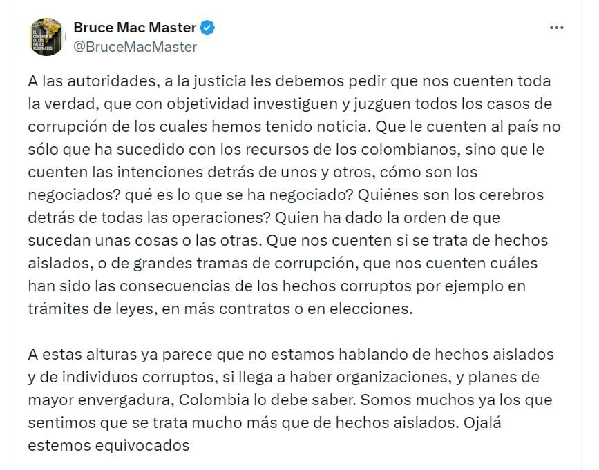 Bruce Mac Master, presidente de la Andi y del Consejo Gremial, exigió a las autoridades que aclaren los hechos de corrupción en el Gobierno Petro - crédito @BruceMacMaster/X