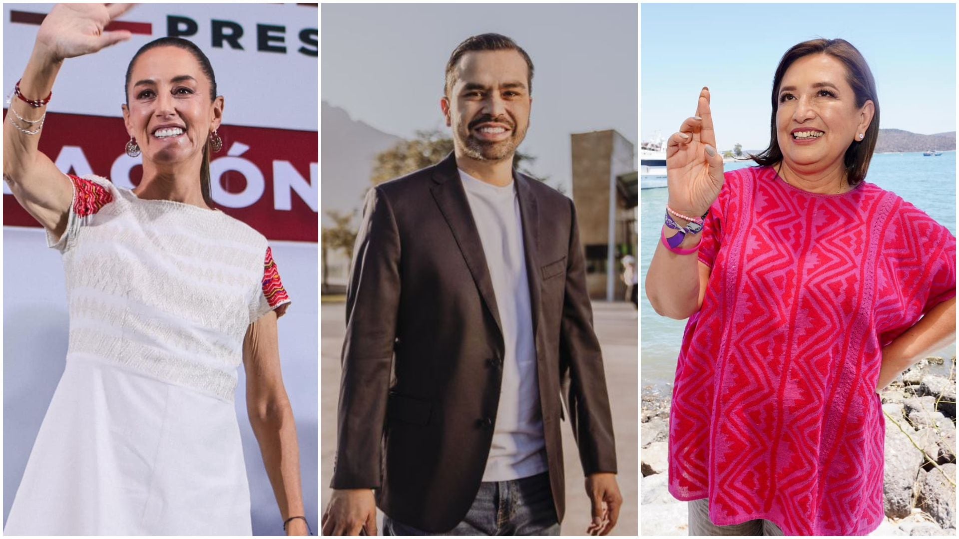 Fotos de Claudia Sheinbaum Pardo, Jorge Álvarez Máynez y Xóchitl Gálvez Ruiz, candidatos a la presidencia de México en 2024