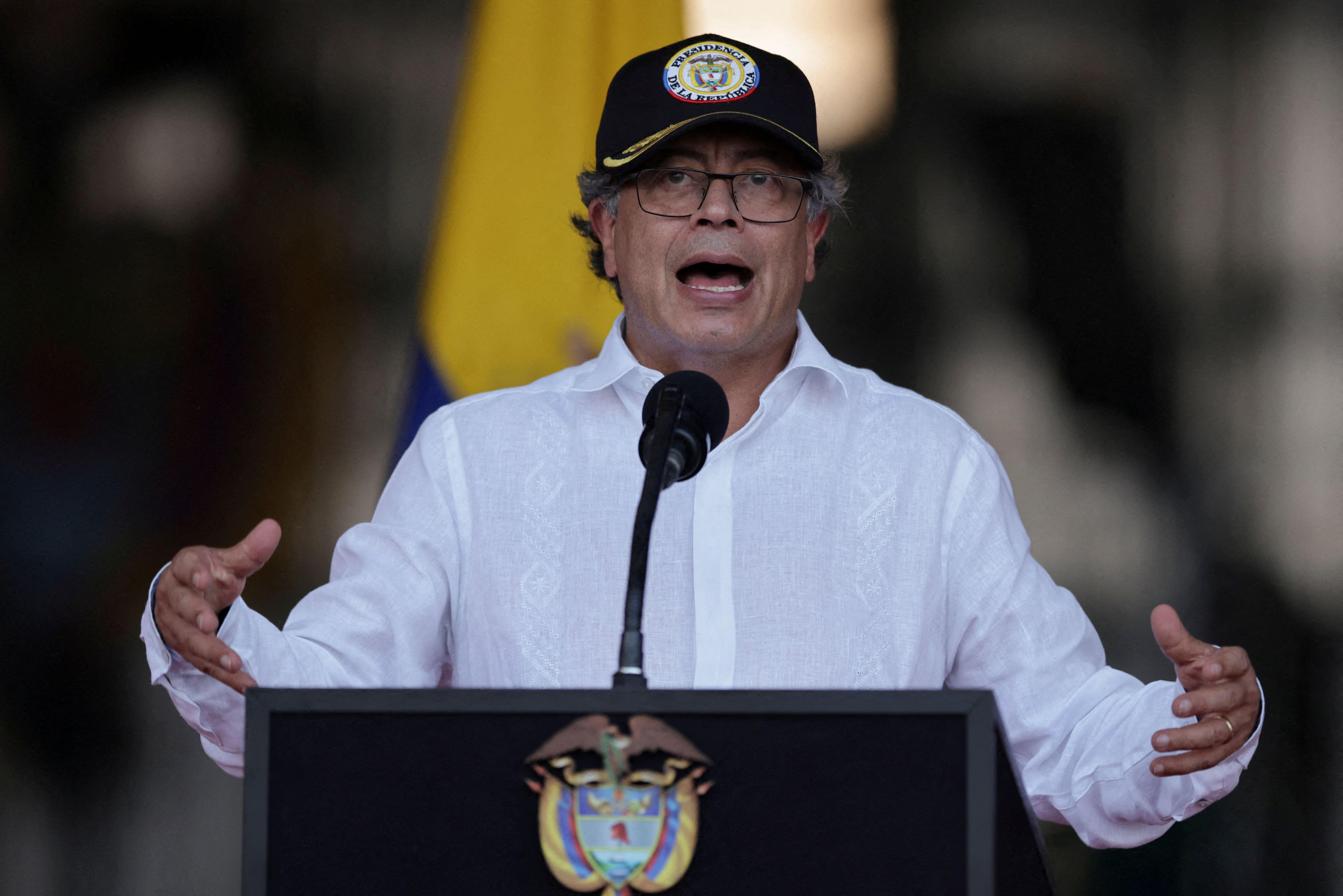 FILE PHOTO: Colombian President Gustavo Petro speaks during a demonstration of planes donated by the United States to the Colombian Police to extinguish fires, at the Police Aviation School in Mariquita, Colombia February 14, 2024. REUTERS/Luisa Gonzalez/File Photo