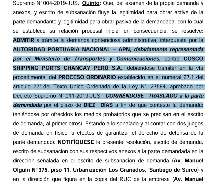 PJ admite demanda contra Cosco Shipping