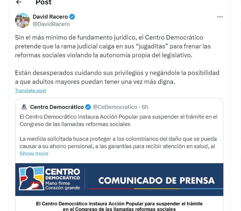 David Racero criticó la acción popular que anunció el Centro Democrático - crédito @DavidRacero