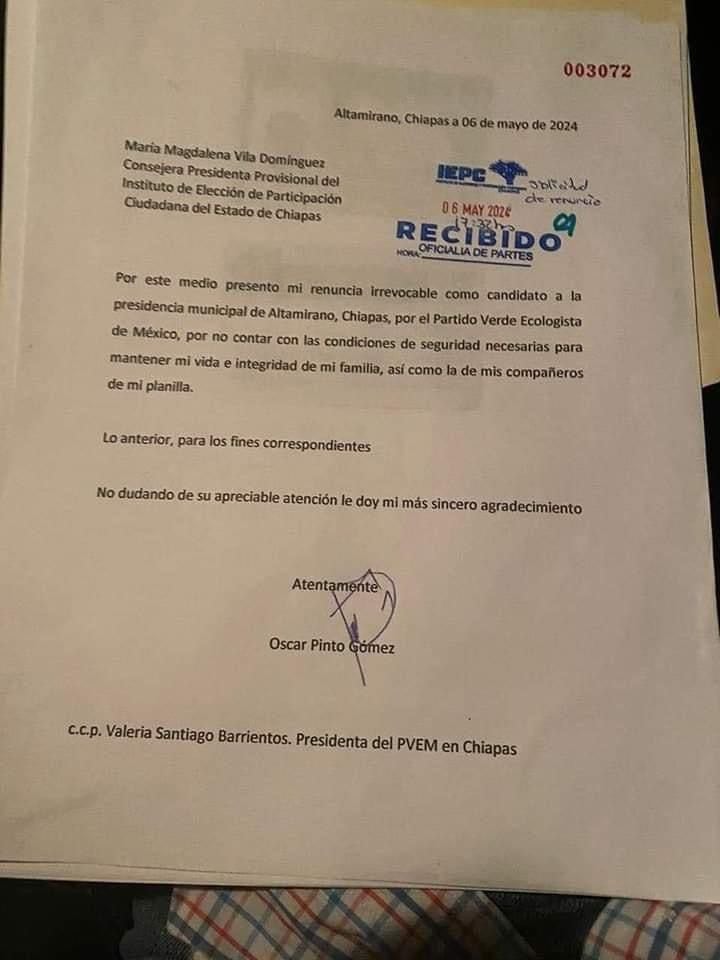 Candidato a alcalde del Partido Verde en Chiapas renuncia por inseguridad