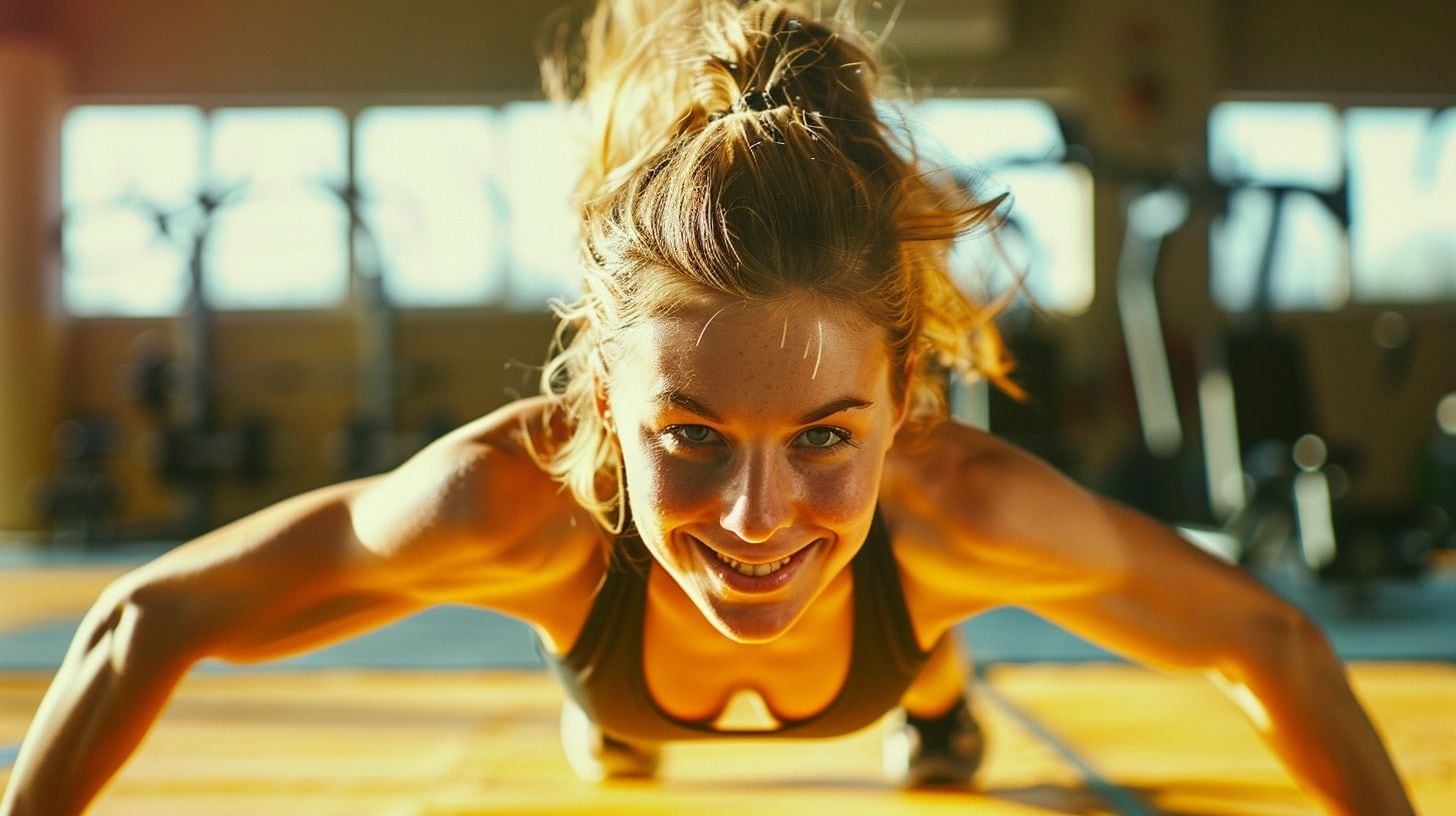 Mujer realizando ejercicio de flexiones en un ambiente de gimnasio, concentrada en fortalecer su cuerpo y mejorar su salud. Esta actividad refleja su enfoque en una vida sana, subrayando el valor del entrenamiento físico y la disciplina en el cuidado de su bienestar. Su práctica constante en el gym muestra la importancia de ejercitarse regularmente. (Imagen ilustrativa Infobae)