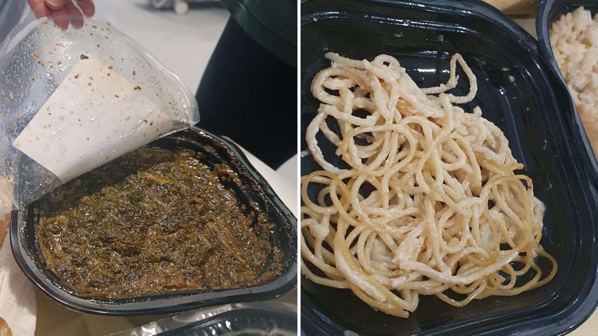 Un plato de espinacas y otro de pasta servidos en el Hospital Zendal, donde no disponen de cocina. (Cedida)