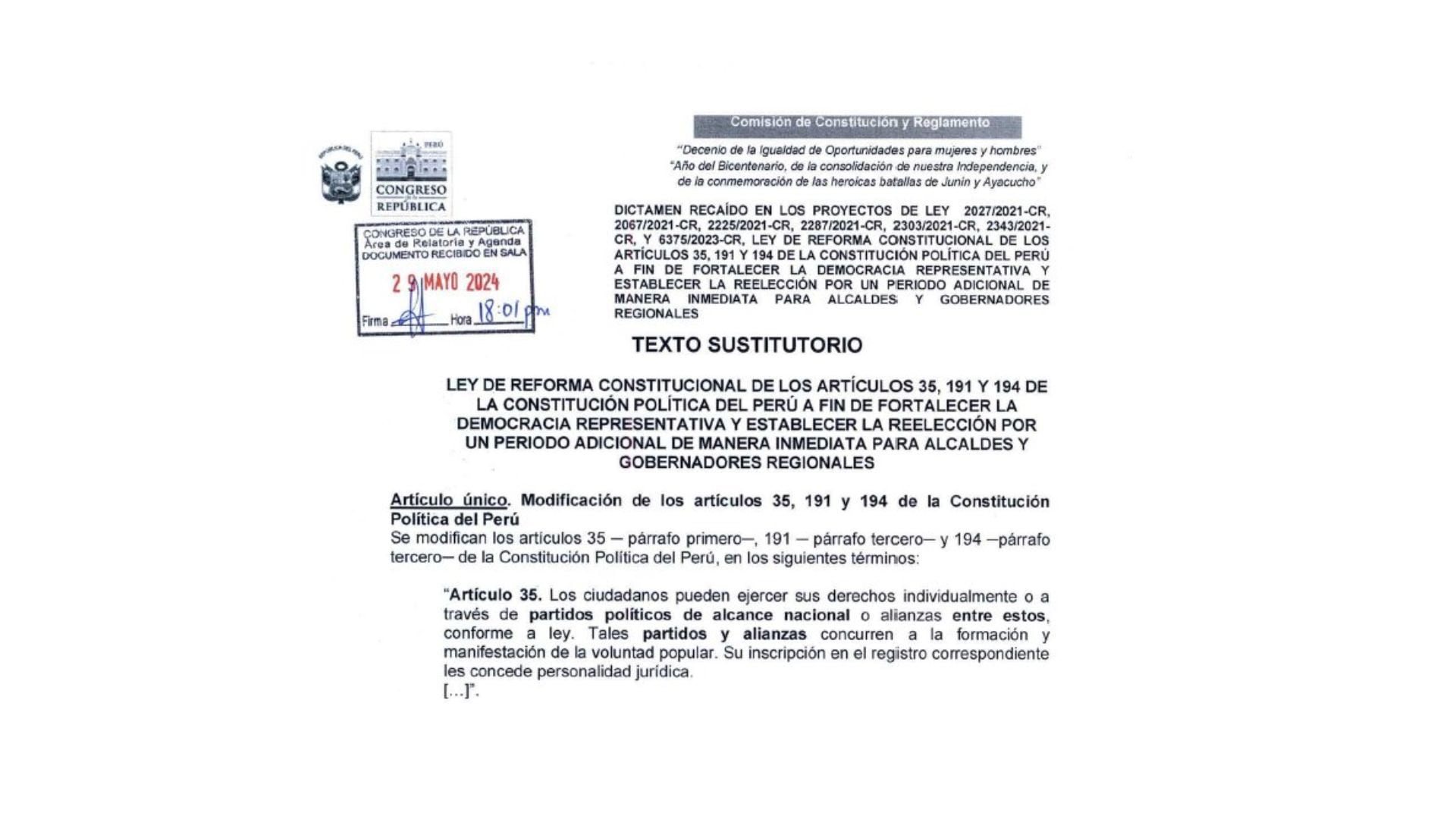 Documento que incorpora el texto para la eliminación de Movimientos Regionales| Congreso