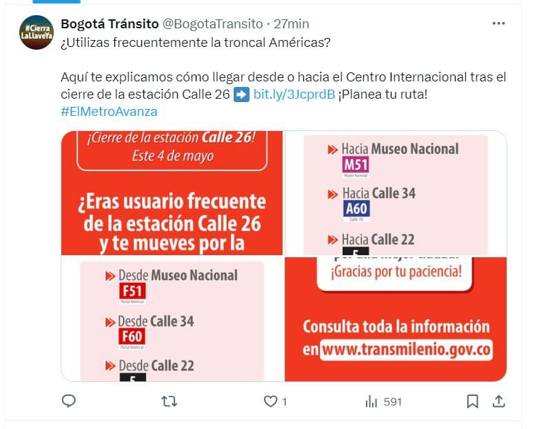 El tráfico fluye a esta hora con normalidad - crédito @BogotaTransito