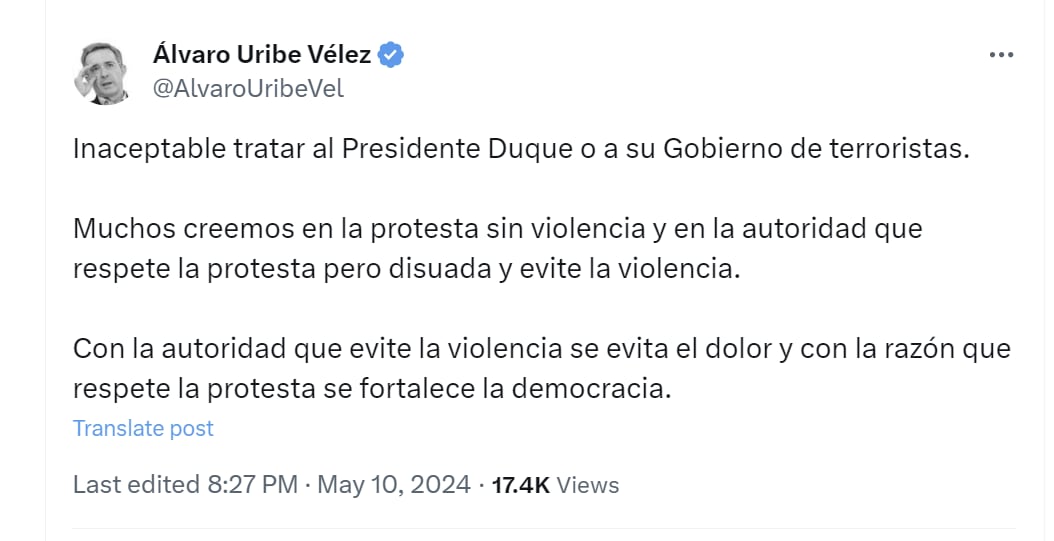 Álvaro Uribe cuestionó a Gustavo Petro por llamar "terrorista" a Iván Duque - crédito @AlvaroUribeVel/X