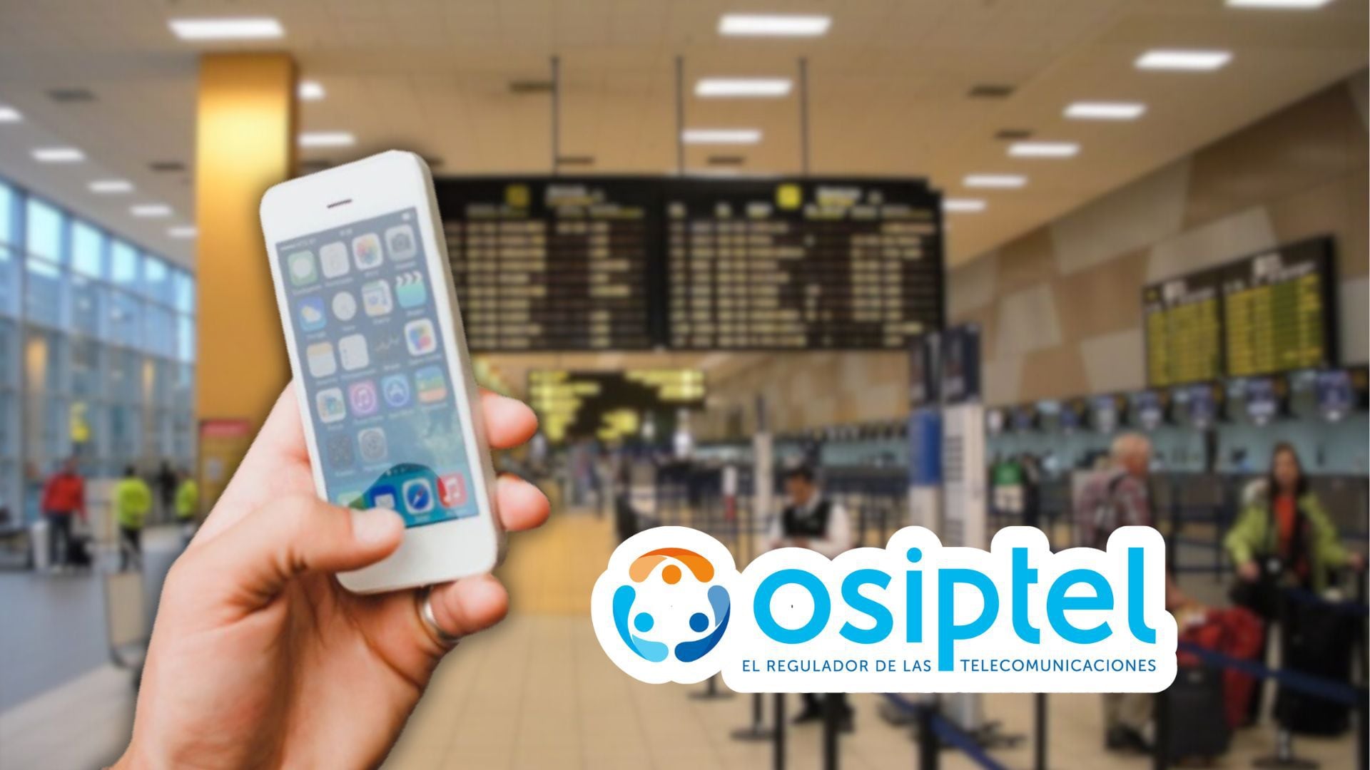 Mano con celular importado en Aeropuerto de Lima con logo de Osiptel