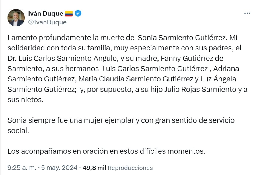 El expresidente Iván Duque fue uno de los primeros en dar condolencias a la familia Sarmiento - crédito red social X