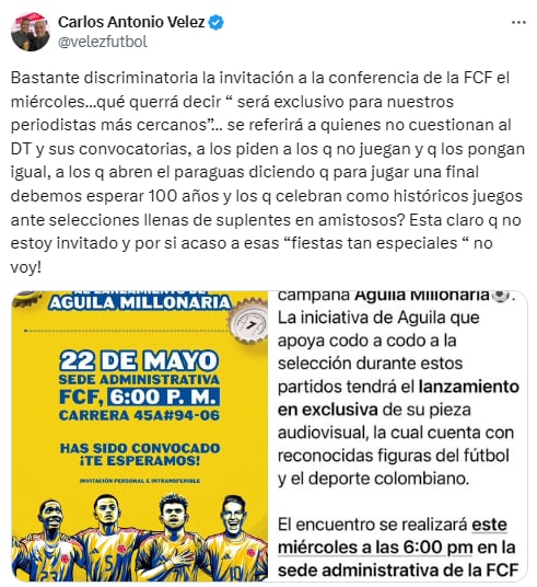 Carlos Antonio Vélez apuntó contra la Federación Colombiana de Fútbol por crear un evento solo para "periodistas cercanos" - crédito Carlos Antonio Vélez / X