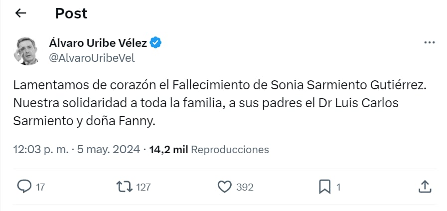 El expresidente Álvaro Uribe también extendió su solidaridad a la familia Sarmiento Gutiérrez - crédito red social X