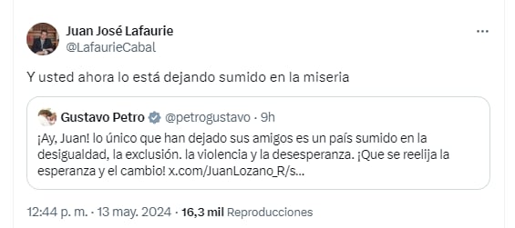 Lafaurie respondió a Petro acusándolo de dejar al país en la miseria, lo que desencadenó una ola de comentarios en línea - crédito @LafaurieCabal/X