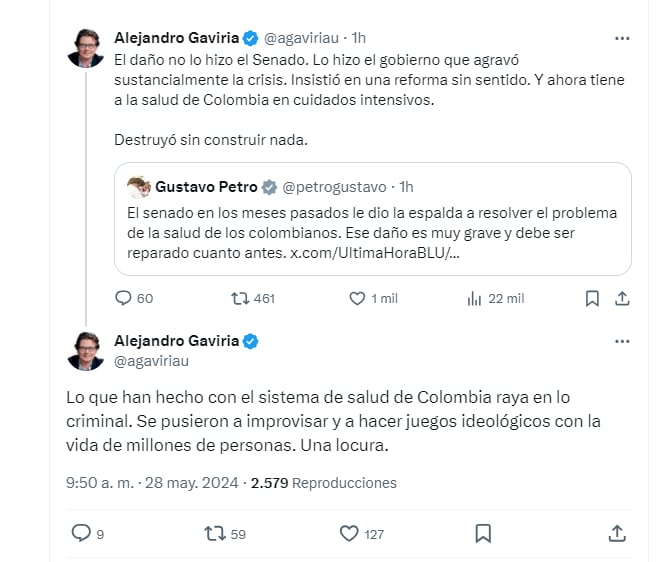 Alejandro Gaviria culpa al Gobierno Petro de agravar la crisis del sistema de salud colombiano - crédito @agaviriau/X