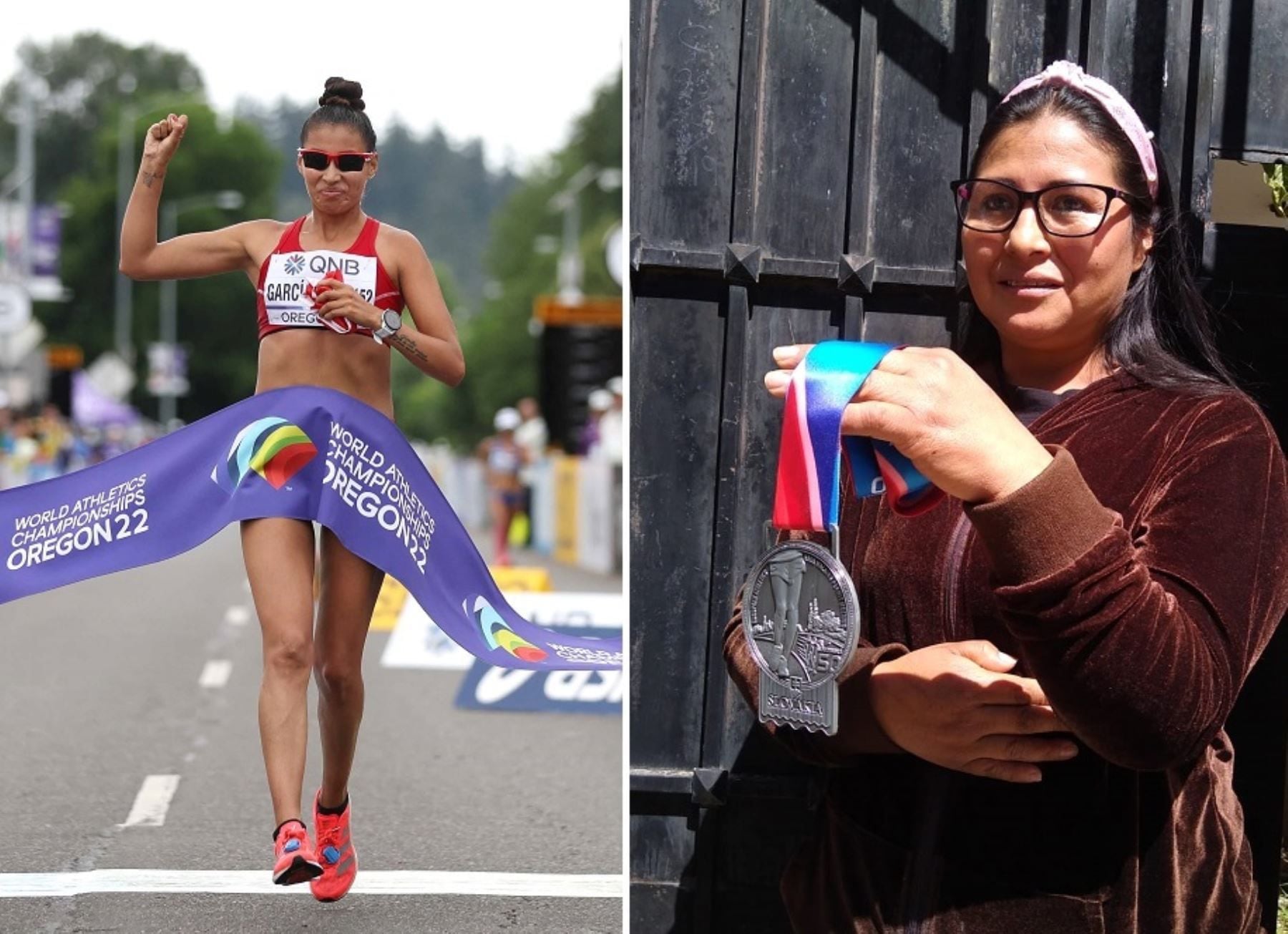 Gabriela León, madre de Kimberly García, presumiendo la medalla conseguida por su hija en marcha atlética.