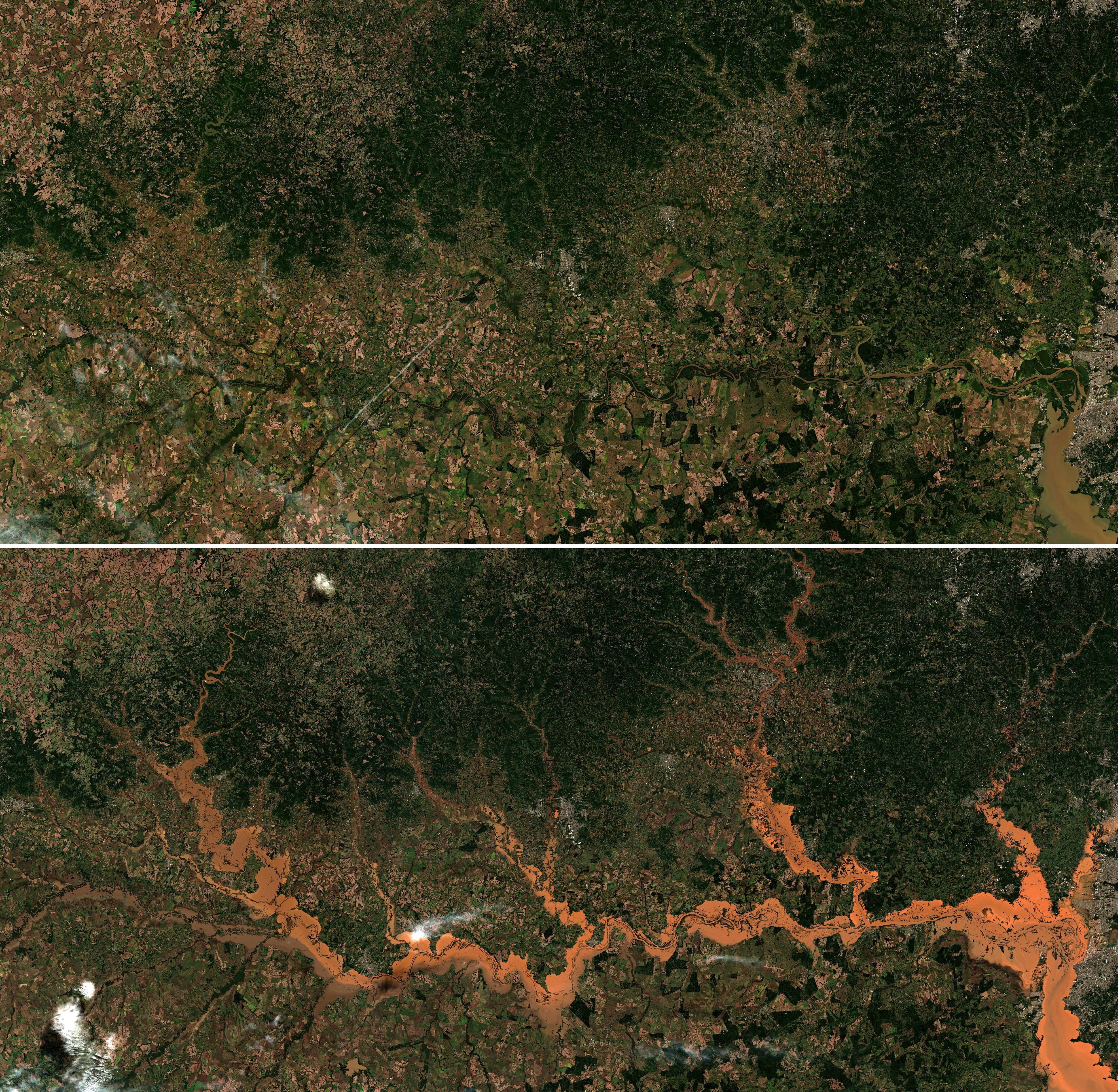 Una imagen combinada muestra vistas satelitales de un área en Rio Grande do Sul, Brasil, el 21 de abril de 2024, antes de que ocurrieran las inundaciones (arriba) y el 6 de mayo de 2024 (abajo) después de que ocurrieran las inundaciones (European Union/Copernicus Sentinel-2/Handout via REUTERS)