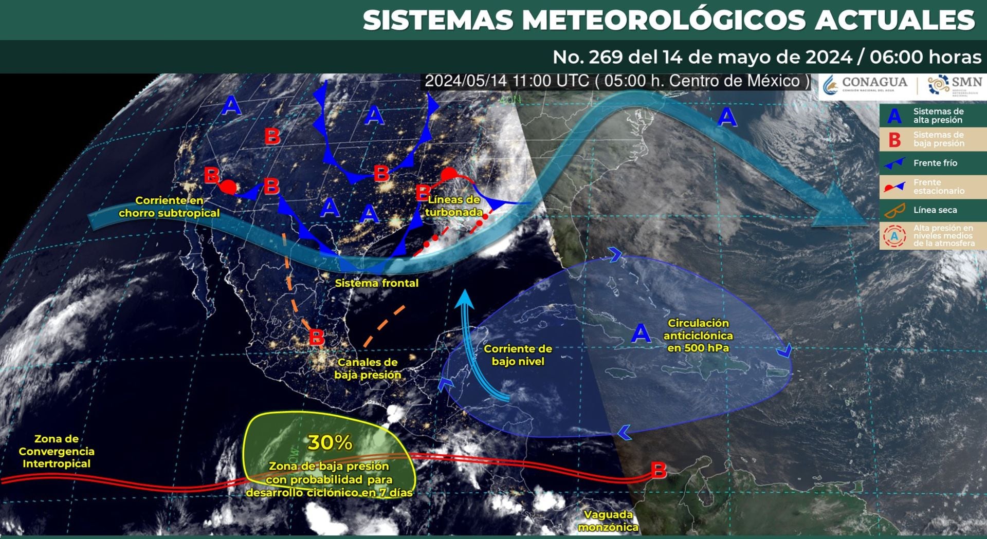 Este mapa muestra los sistemas meteorológicos que influirán en el clima de México hoy 14 de mayo