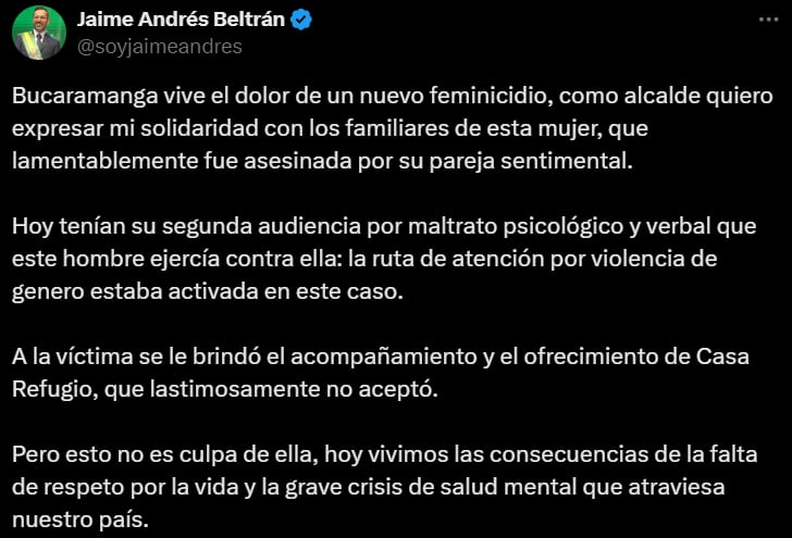 Jaime Andrés Beltrán sobre el caso de feminicidio en Bucaramanga - crédito @soyjaimeandres/X