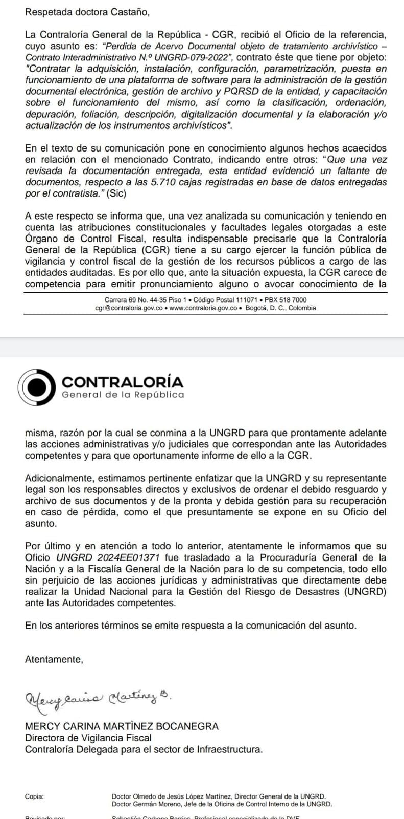 La Contraloría respondió a una denuncia interpuesta por María Castaño Álvarez, secretaria general de la Ungrd - crédito Contraloría General de la República