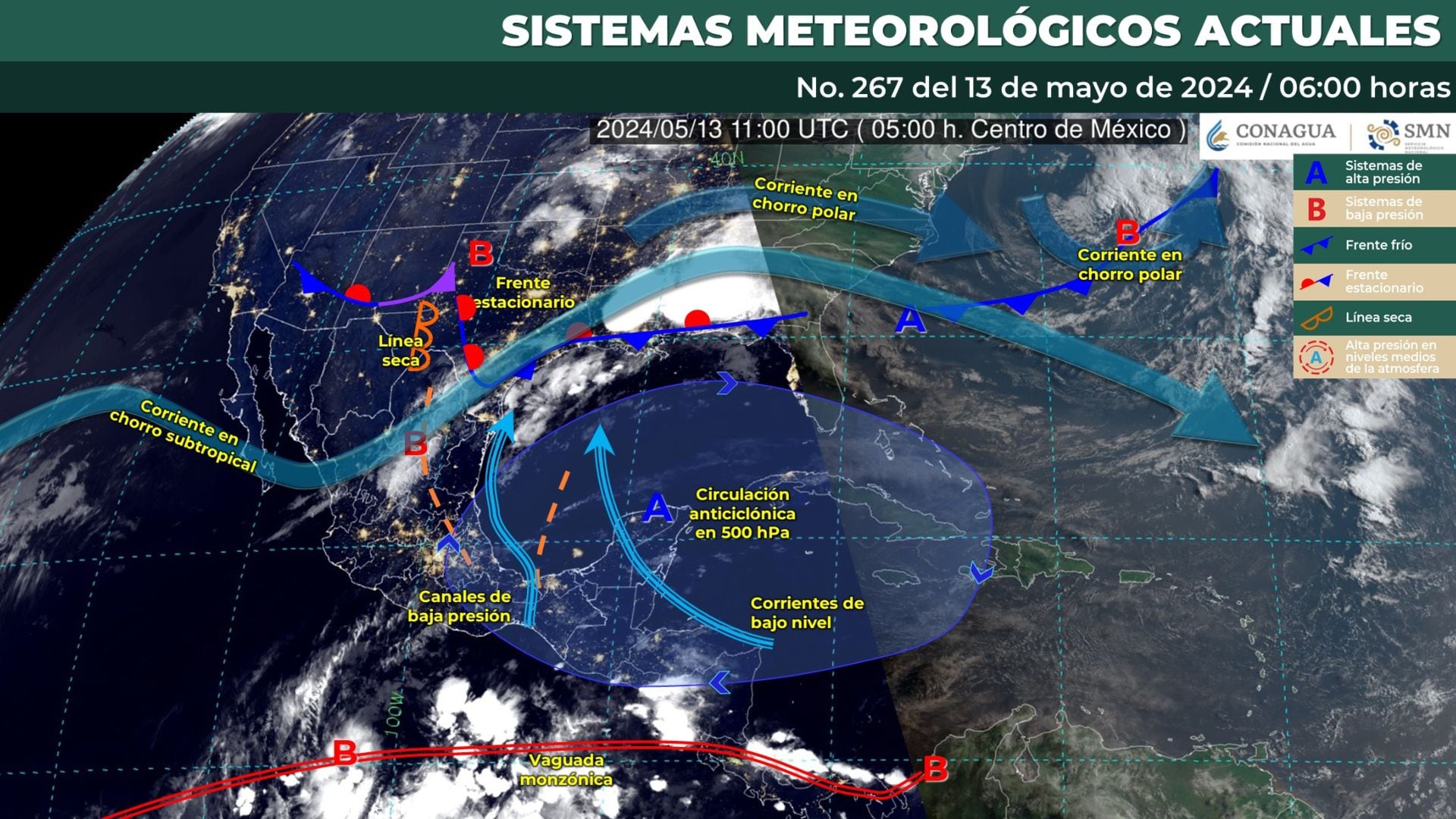 Mapa del SMN que muestra los sistemas meteorológicos que influirán en el clima de México este lunes 13 de mayo.