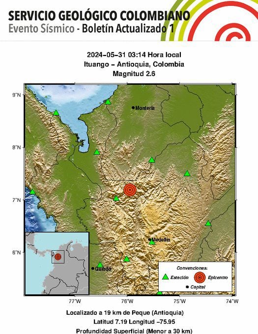 Temblor en Antioquia, reportado el 31 de mayo de 2024 - crédito SGC / X