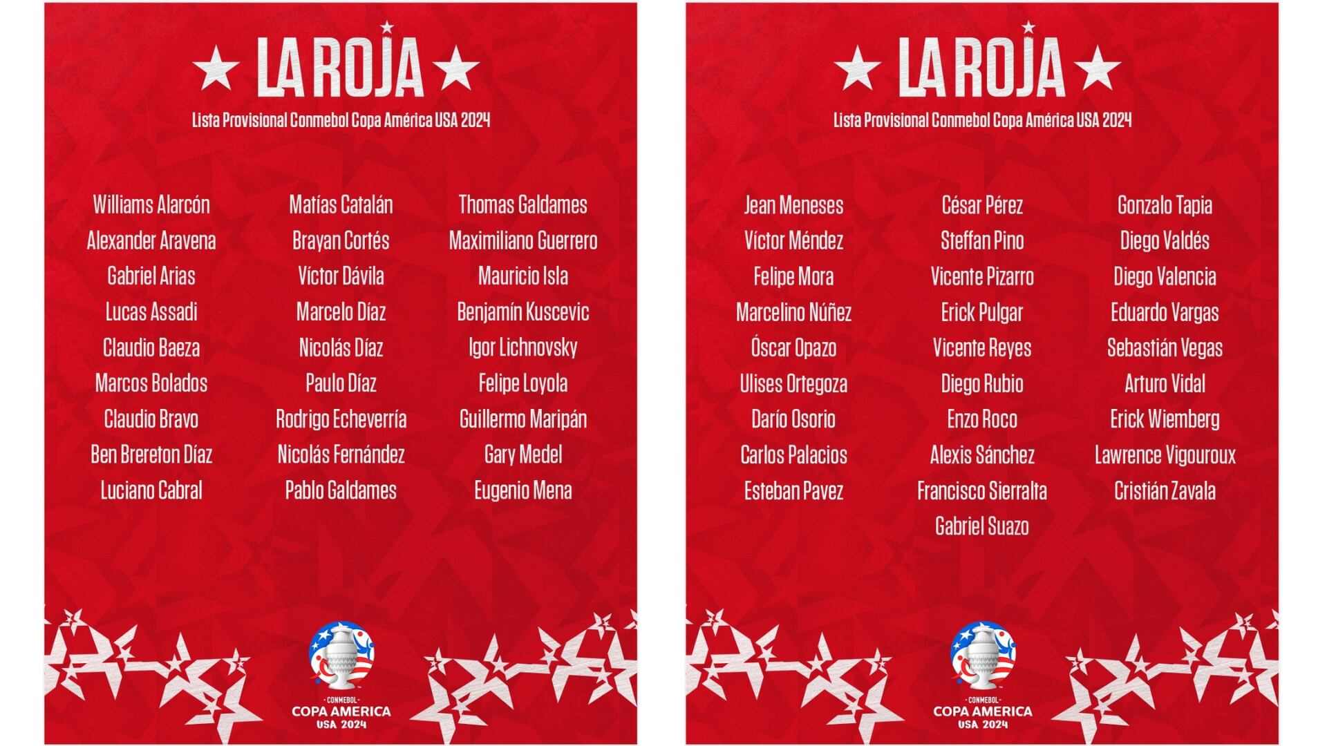 La lista preliminar de 55 jugadores de la selección de Chile que anunció Ricardo Gareca para la Copa América 2024.