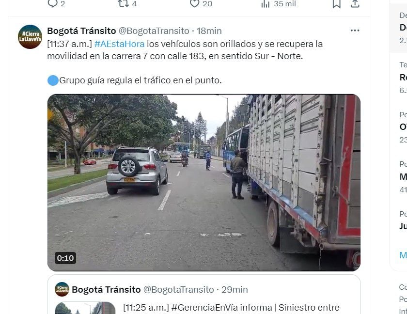 La zona ya se encuentra con el tránsito restablecido - crédito @BogotaTransito/X