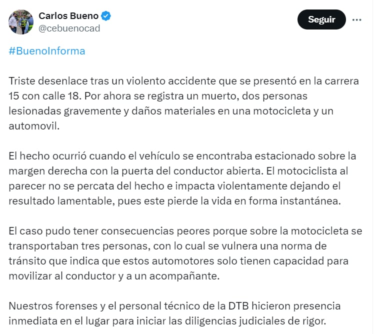 Director de Tránsito de Bucaramanga confirmó que en la motocicleta se movilizaban tres personas - crédito @cebuenocad/X