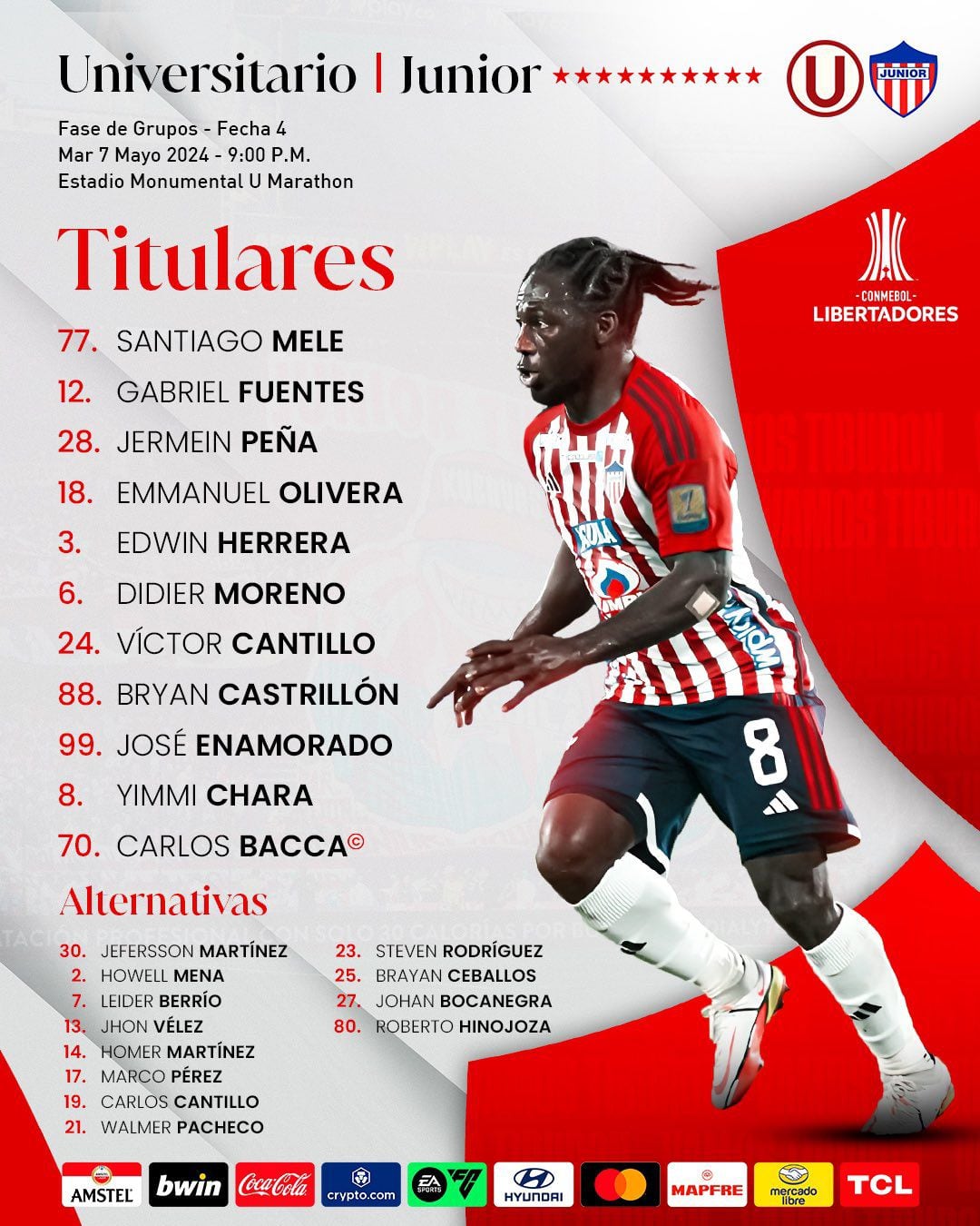 Once titular confirmado de Universitario vs Junior por fecha 4 de la Copa Libertadores 2024.